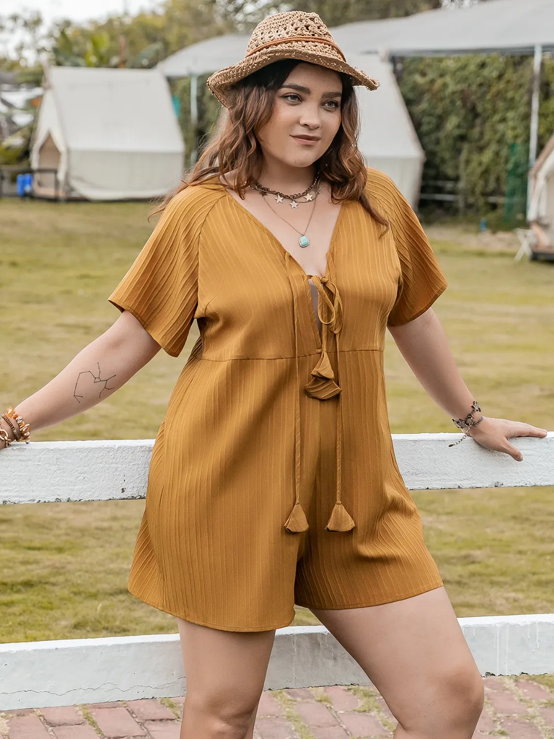 Plus Size V-Neck Short Sleeve Romper-Get You Some Sun