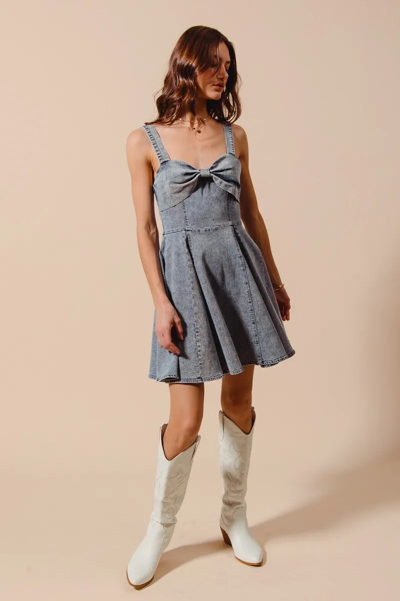 SO ME Mineral Washed Bow Ribbon Denim Flare Dress-