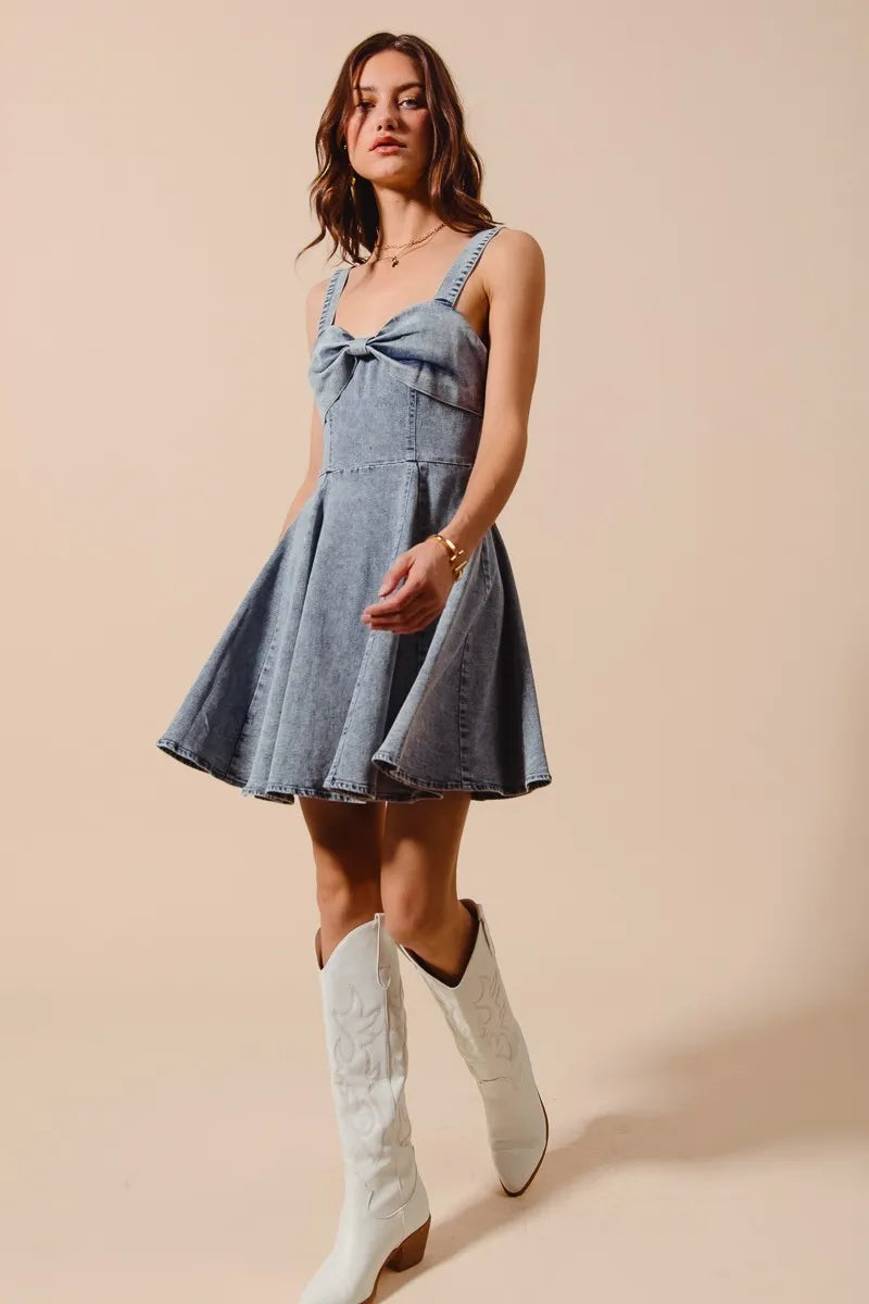 SO ME Mineral Washed Bow Ribbon Denim Flare Dress-