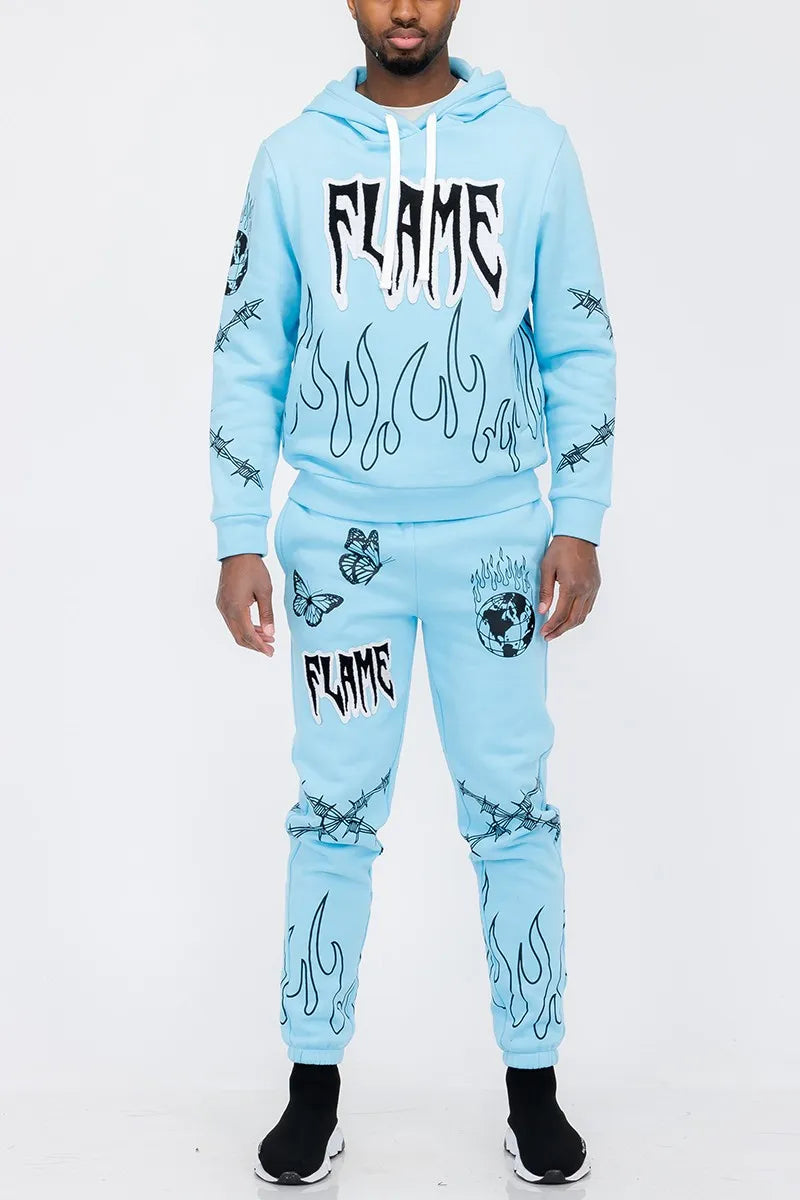 Men's Full Size Flame Fire Chenille Hoodie and Pants Set