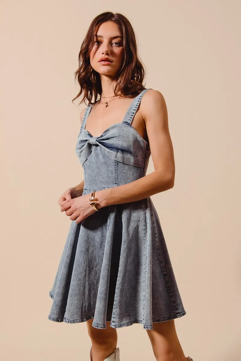 SO ME Mineral Washed Bow Ribbon Denim Flare Dress-