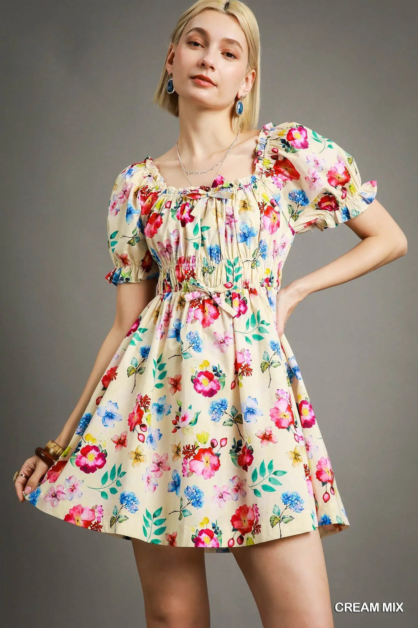Umgee Floral Print Puff Sleeve Mini Dress-Get You Some Sun