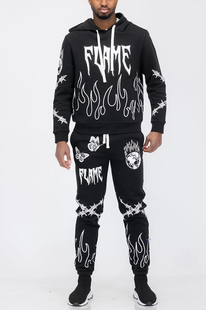 Men's Full Size Flame Fire Chenille Hoodie and Pants Set