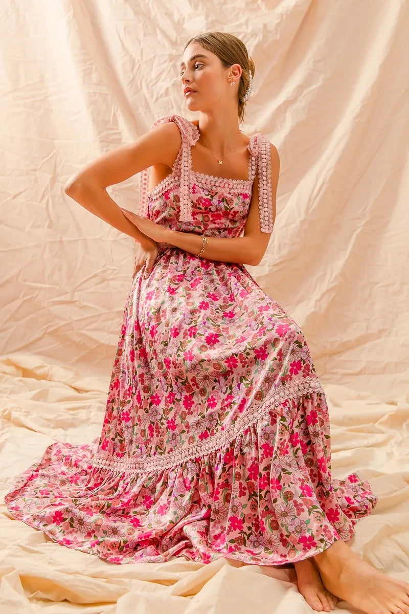 SO ME Floral Maxi Dress With Ribbon Tie Lace Strap-