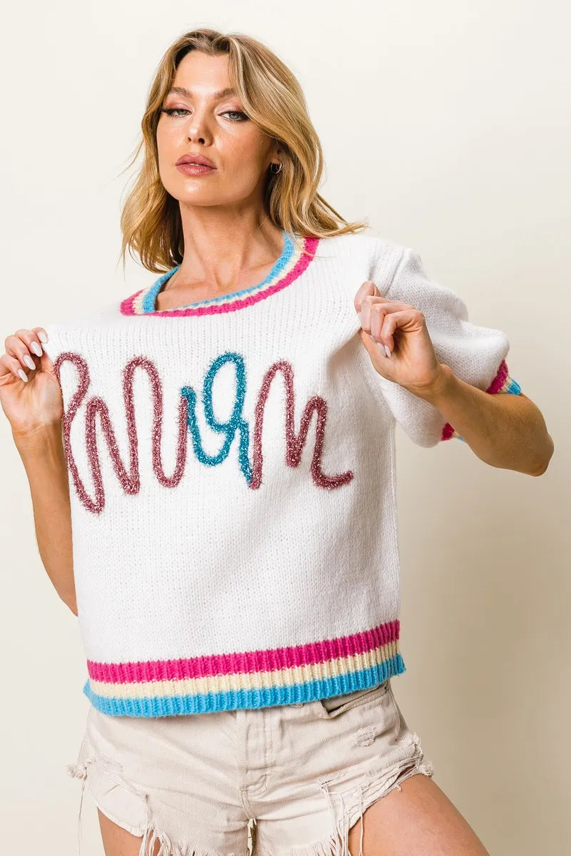 BiBi Metallic Letter Short Puff Sleeve Sweater-