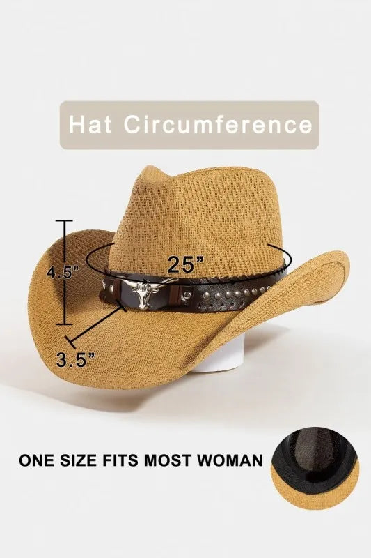 Fame Studded Bull Head Strap Straw Western Cowboy Hat-