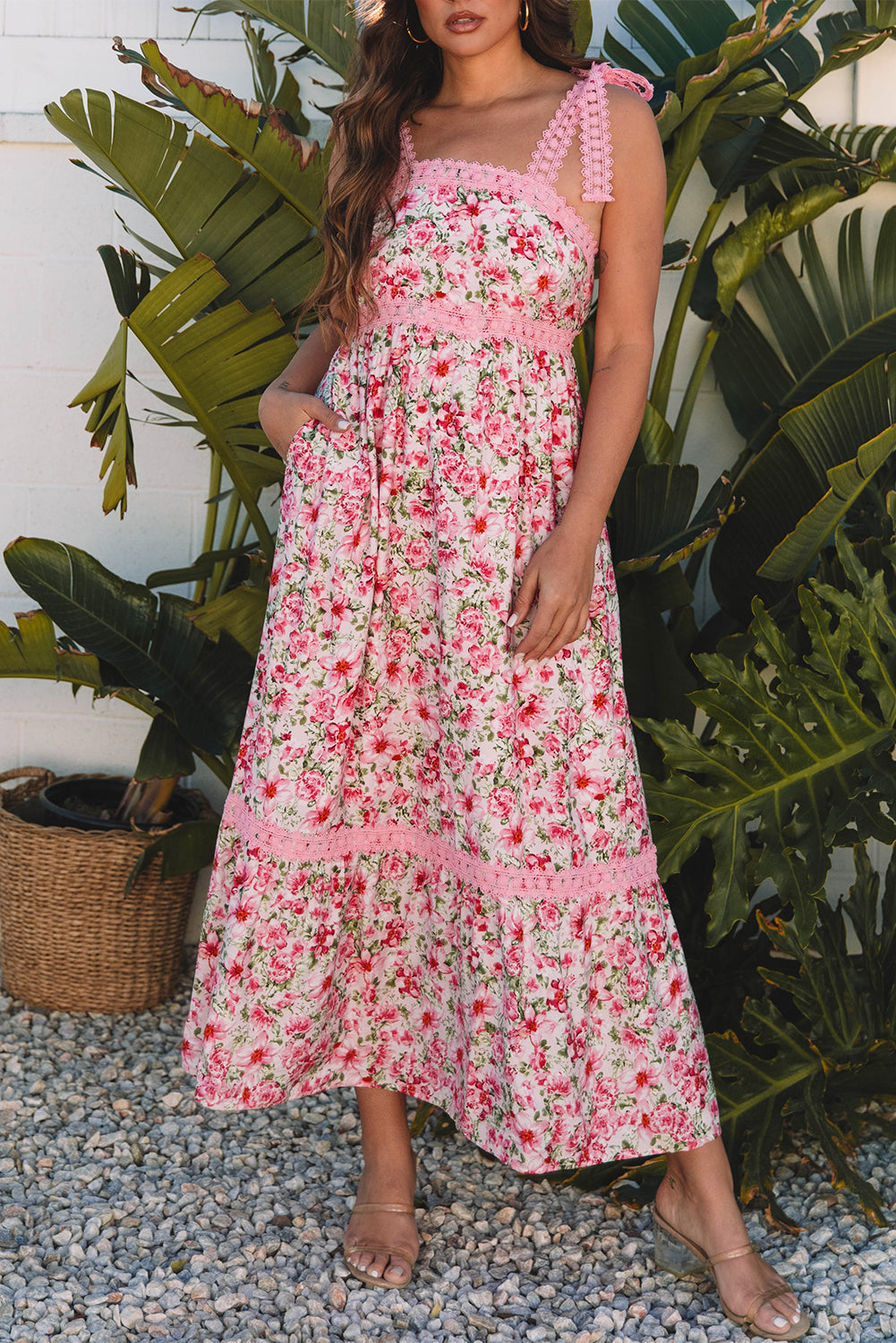 Pink Floral Lace Tied Strap Empire Waist Maxi Dress-