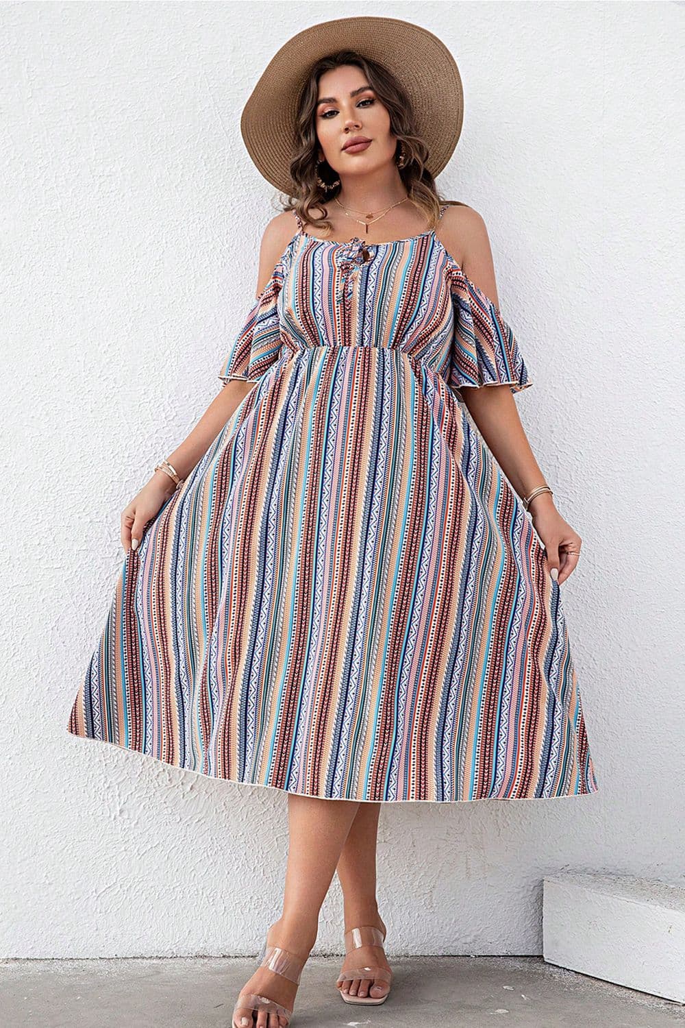 Plus Size Striped Cold-Shoulder Dress-Get You Some Sun