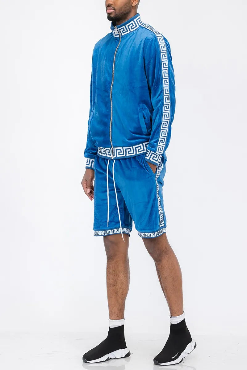 WEIV Men's Full Size Velour Zip Up Jacket and Shorts Set