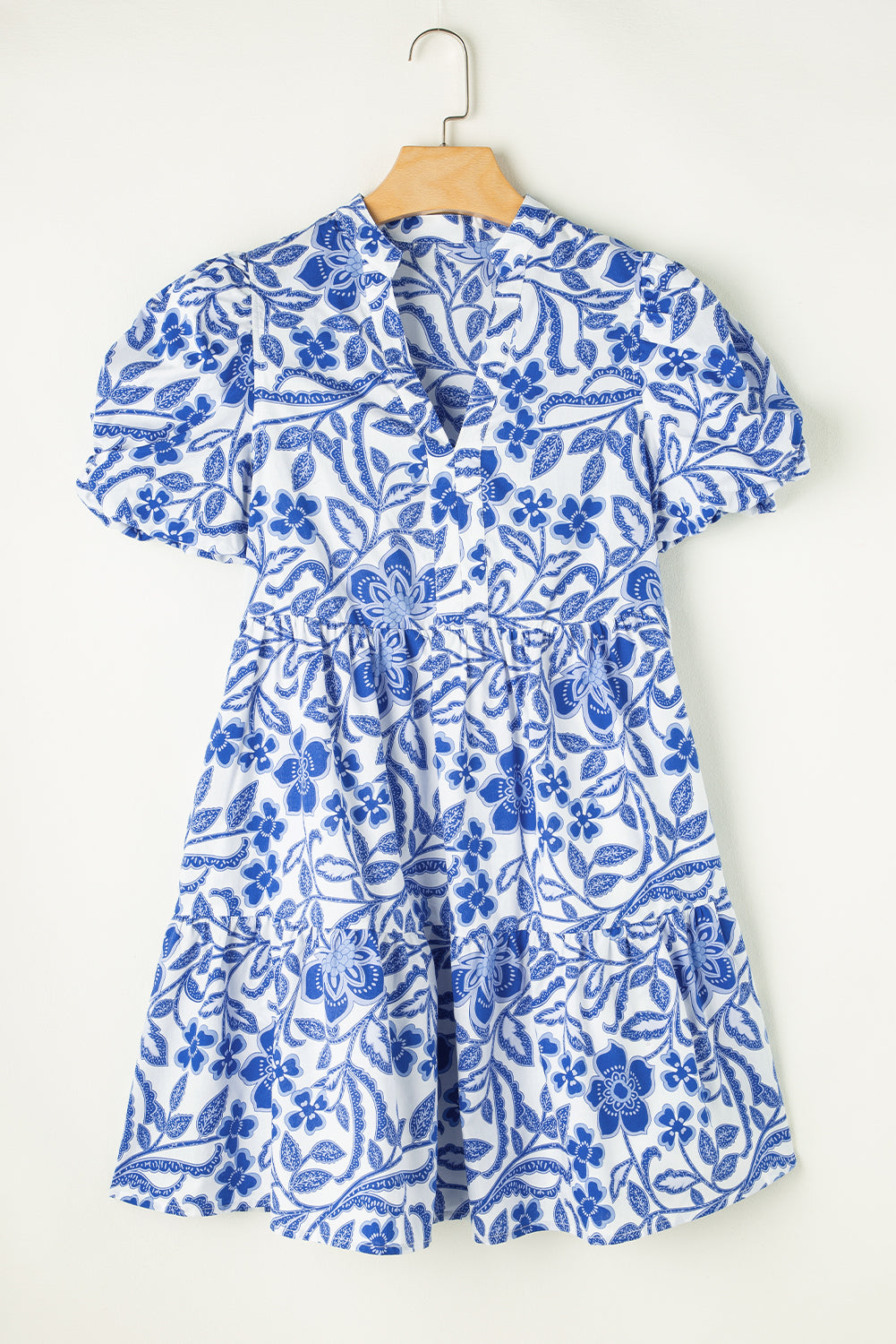 Blue Flower Print Puff Sleeve Tiered Dress-Get You Some Sun