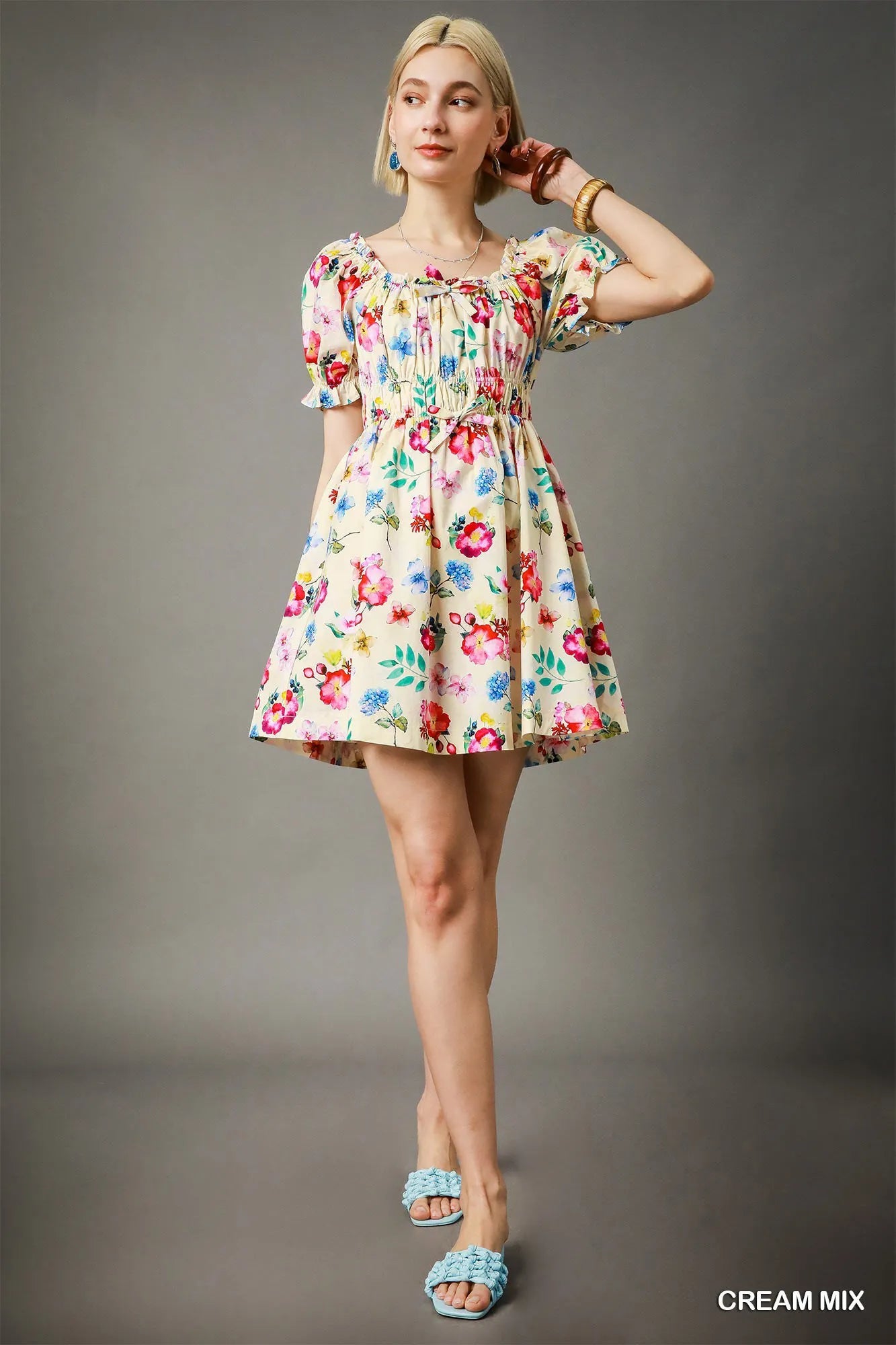 Umgee Floral Print Puff Sleeve Mini Dress-Get You Some Sun