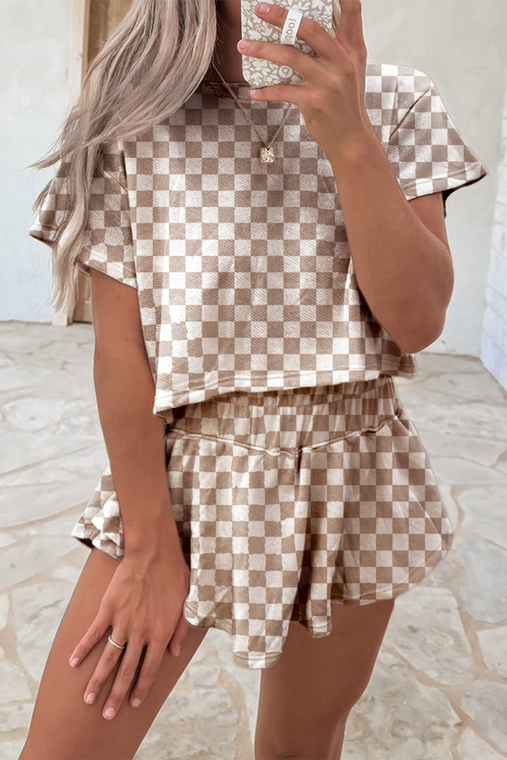 Brown Checkerboard T Shirt and High Waist Skorts