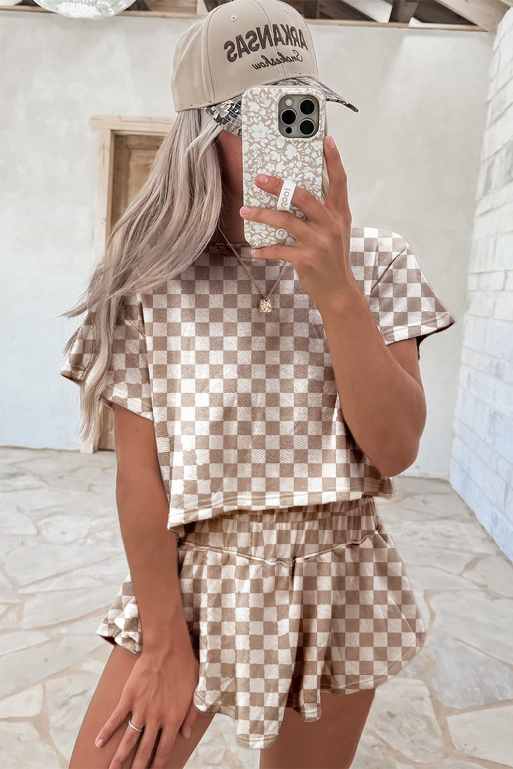 Brown Checkerboard T Shirt and High Waist Skorts