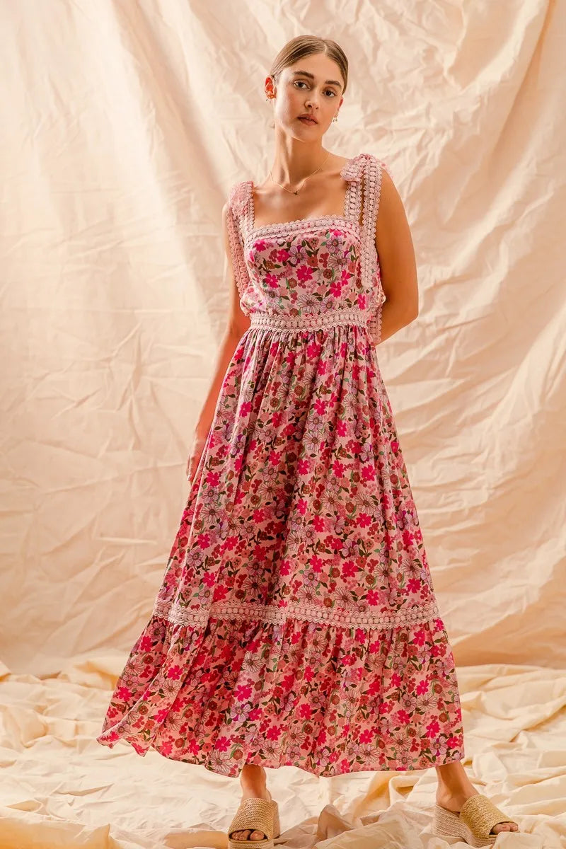 SO ME Floral Maxi Dress With Ribbon Tie Lace Strap-