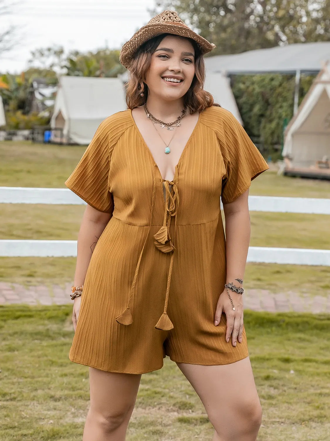 Plus Size V-Neck Short Sleeve Romper-Get You Some Sun