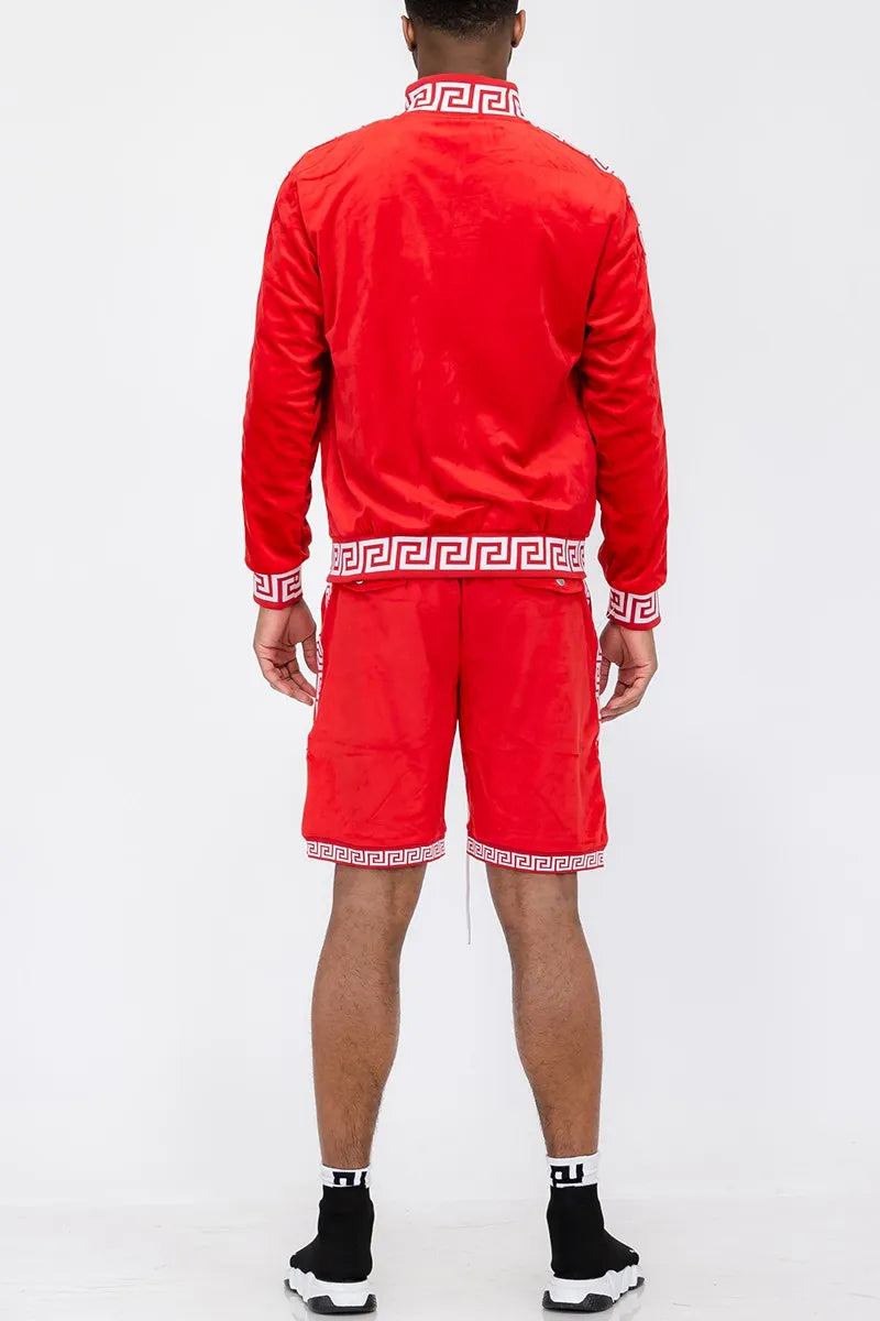 WEIV Men's Full Size Velour Zip Up Jacket and Shorts Set