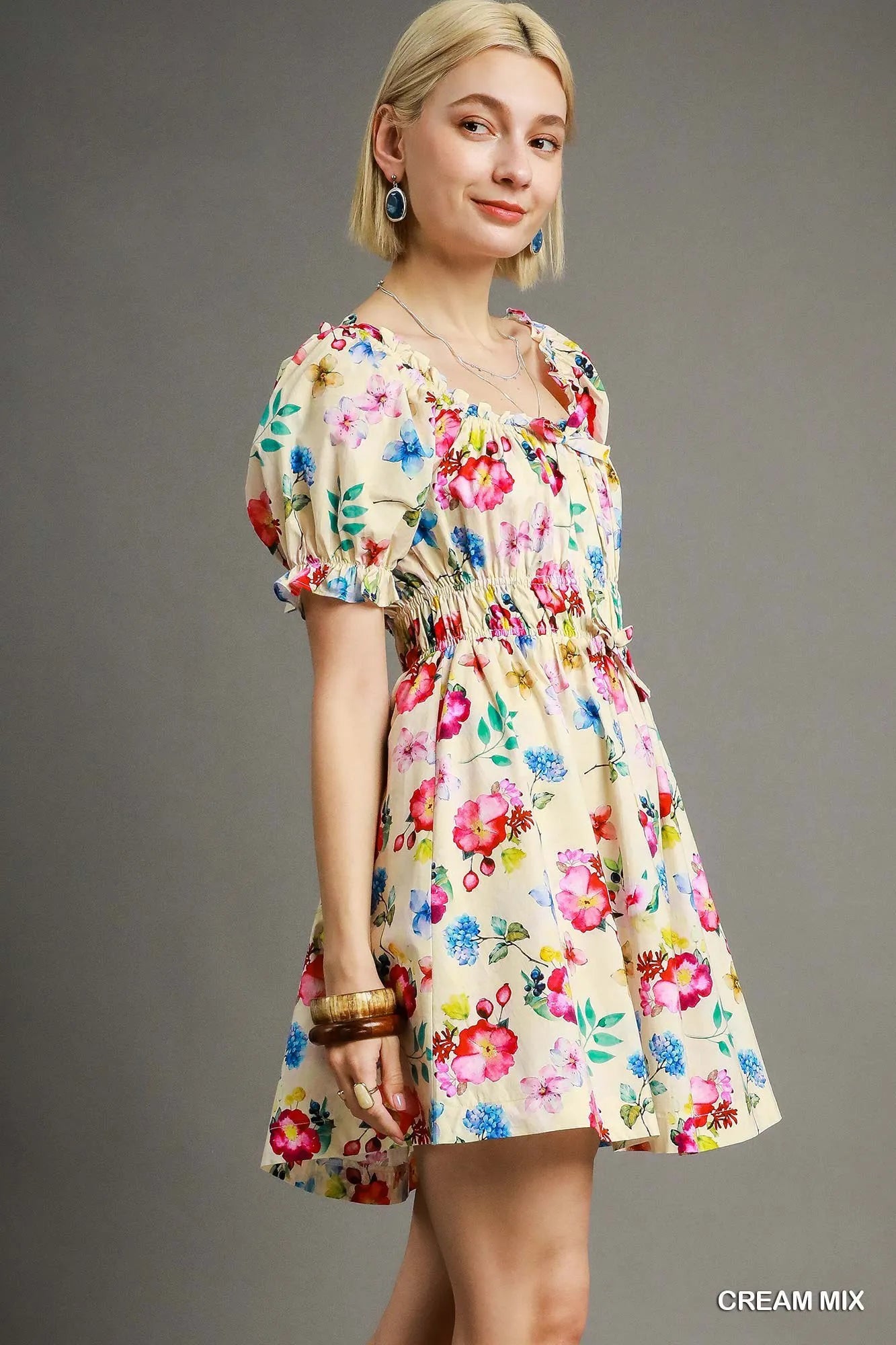 Umgee Floral Print Puff Sleeve Mini Dress-Get You Some Sun