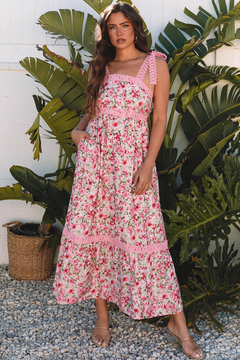 Pink Floral Lace Tied Strap Empire Waist Maxi Dress-