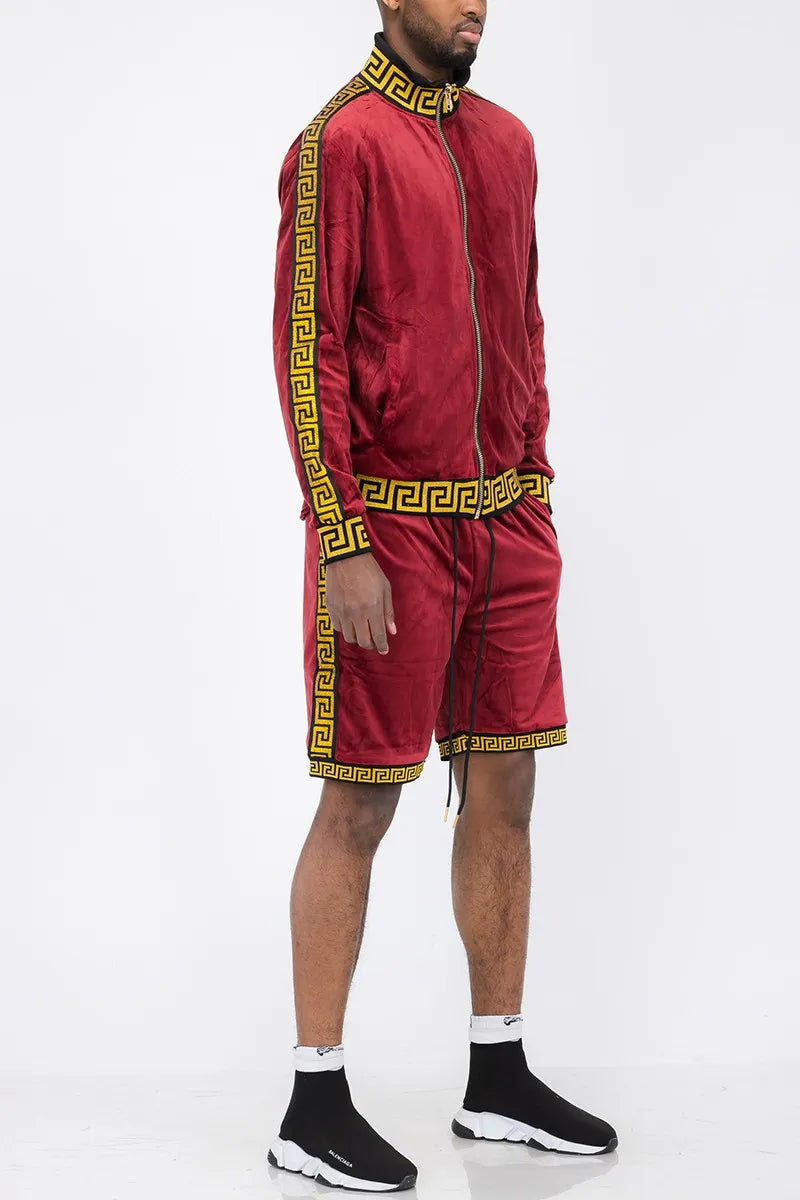 WEIV Men's Full Size Velour Zip Up Jacket and Shorts Set