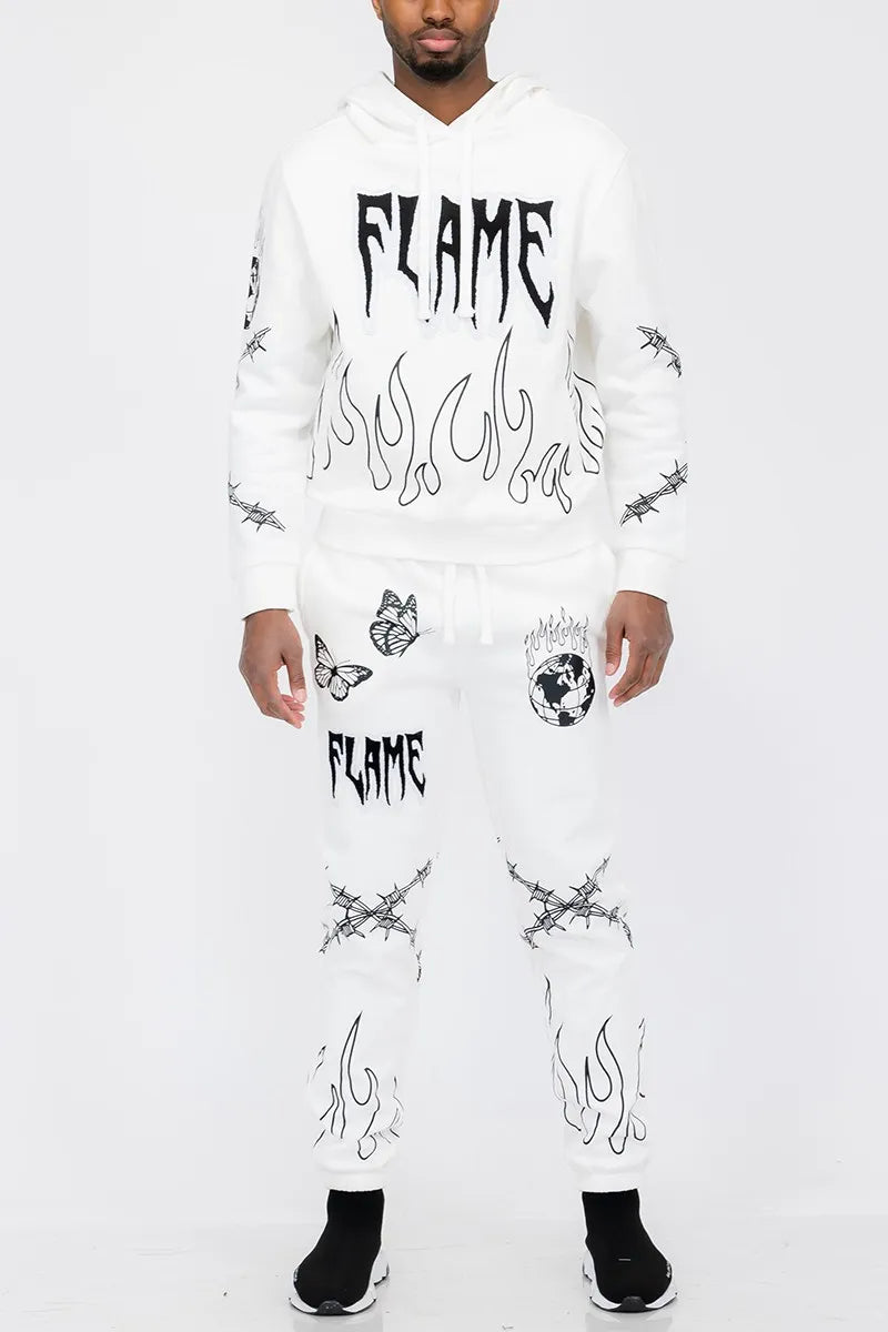 Men's Full Size Flame Fire Chenille Hoodie and Pants Set