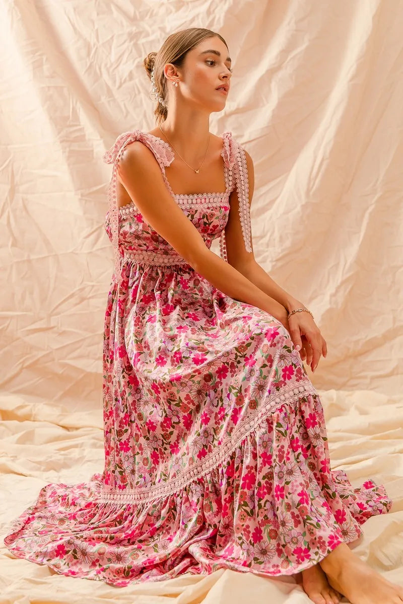 SO ME Floral Maxi Dress With Ribbon Tie Lace Strap-