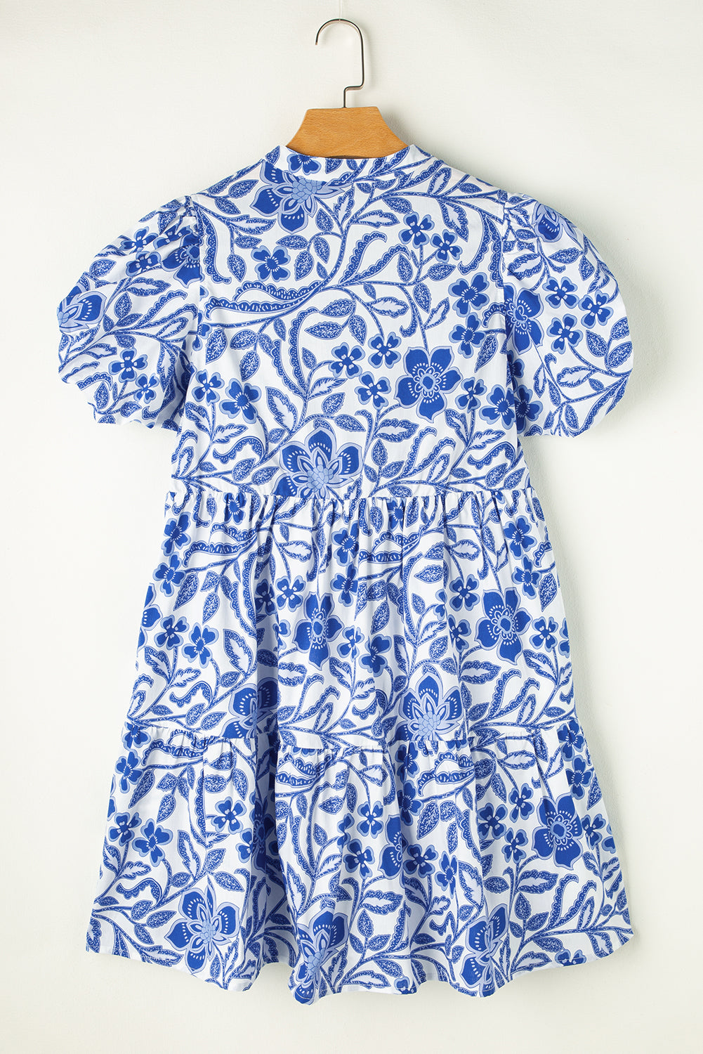 Blue Flower Print Puff Sleeve Tiered Dress-Get You Some Sun