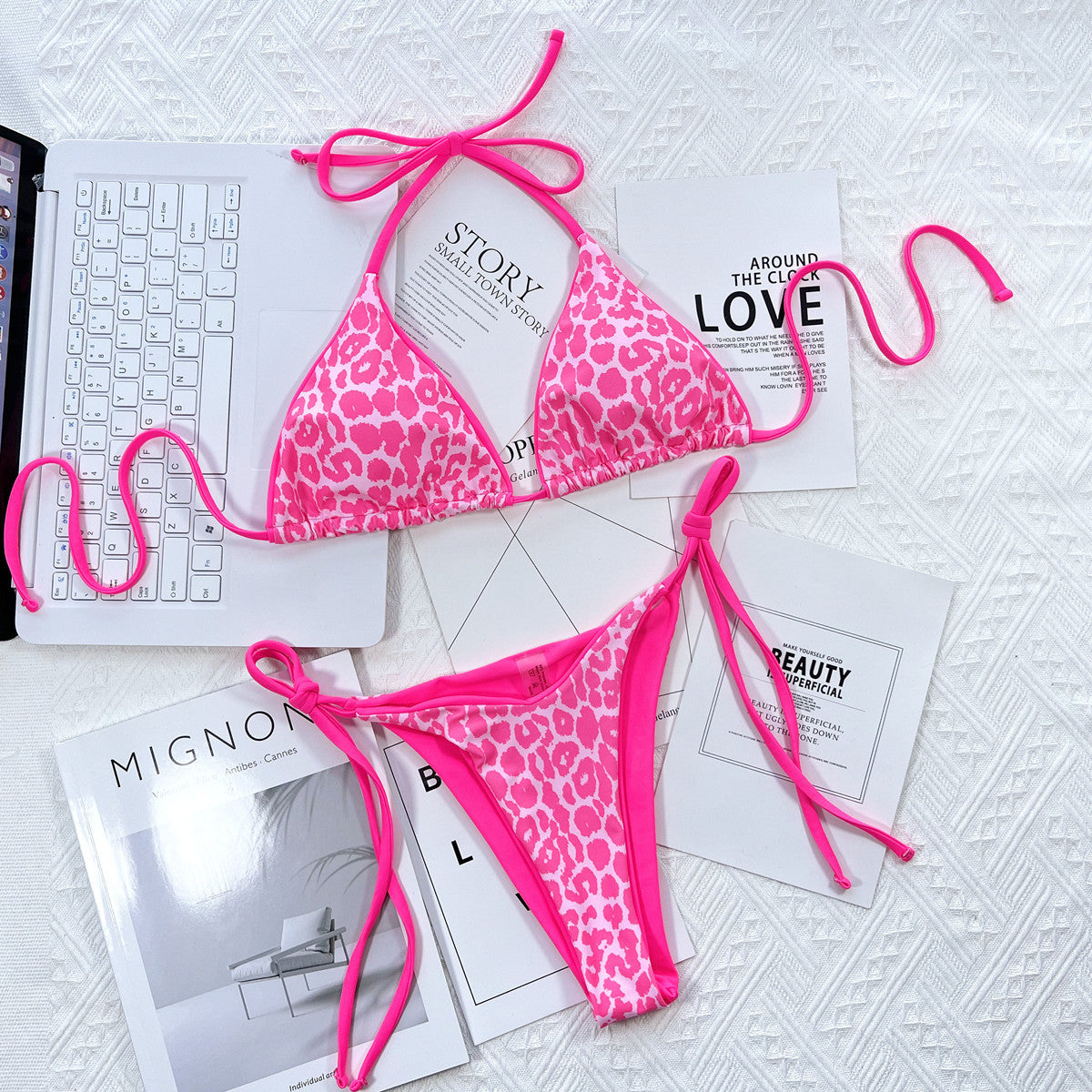 Leopard Print Halter Neck Tie Side Bikini Set-