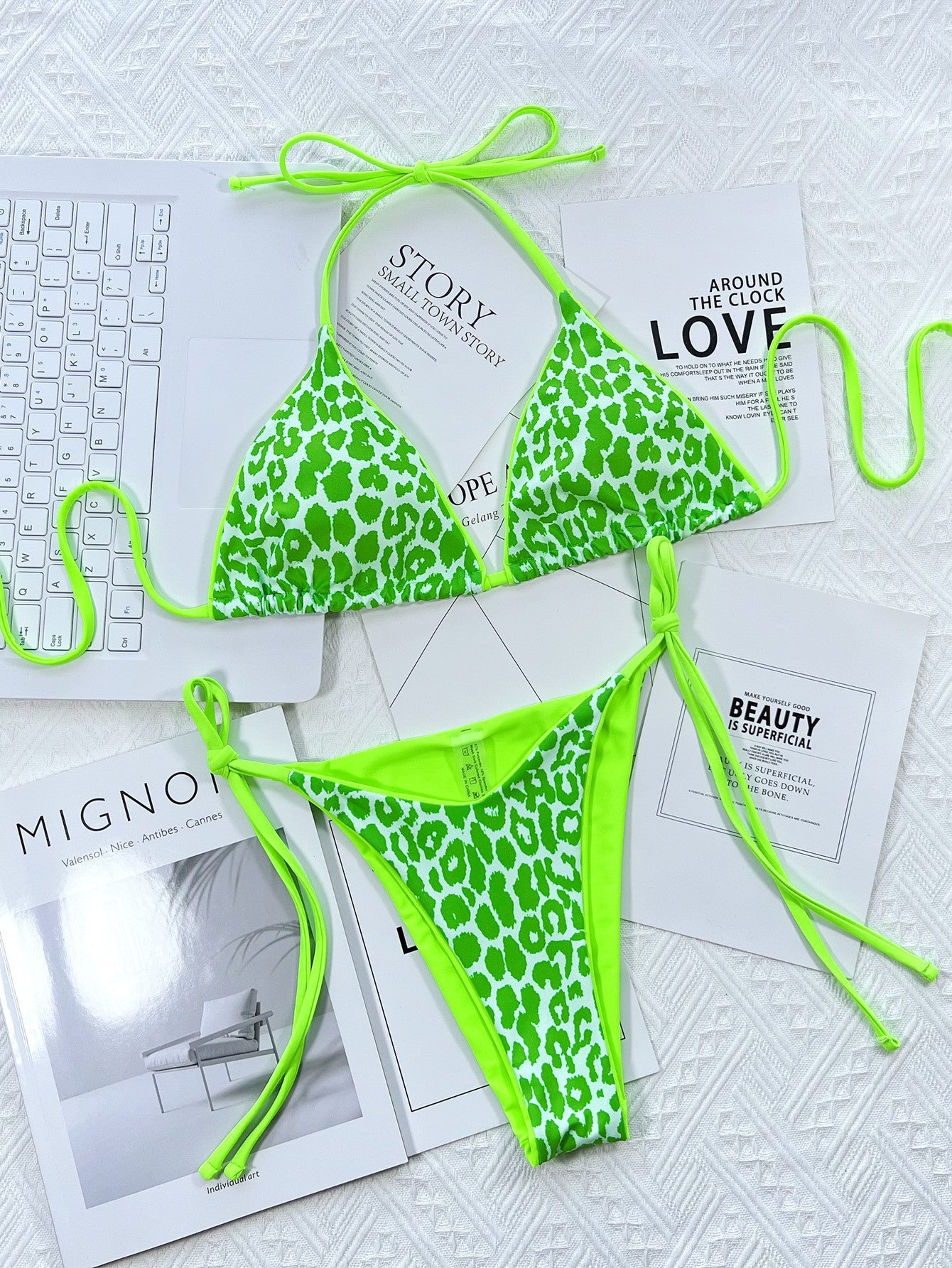 Leopard Print Halter Neck Tie Side Bikini Set-