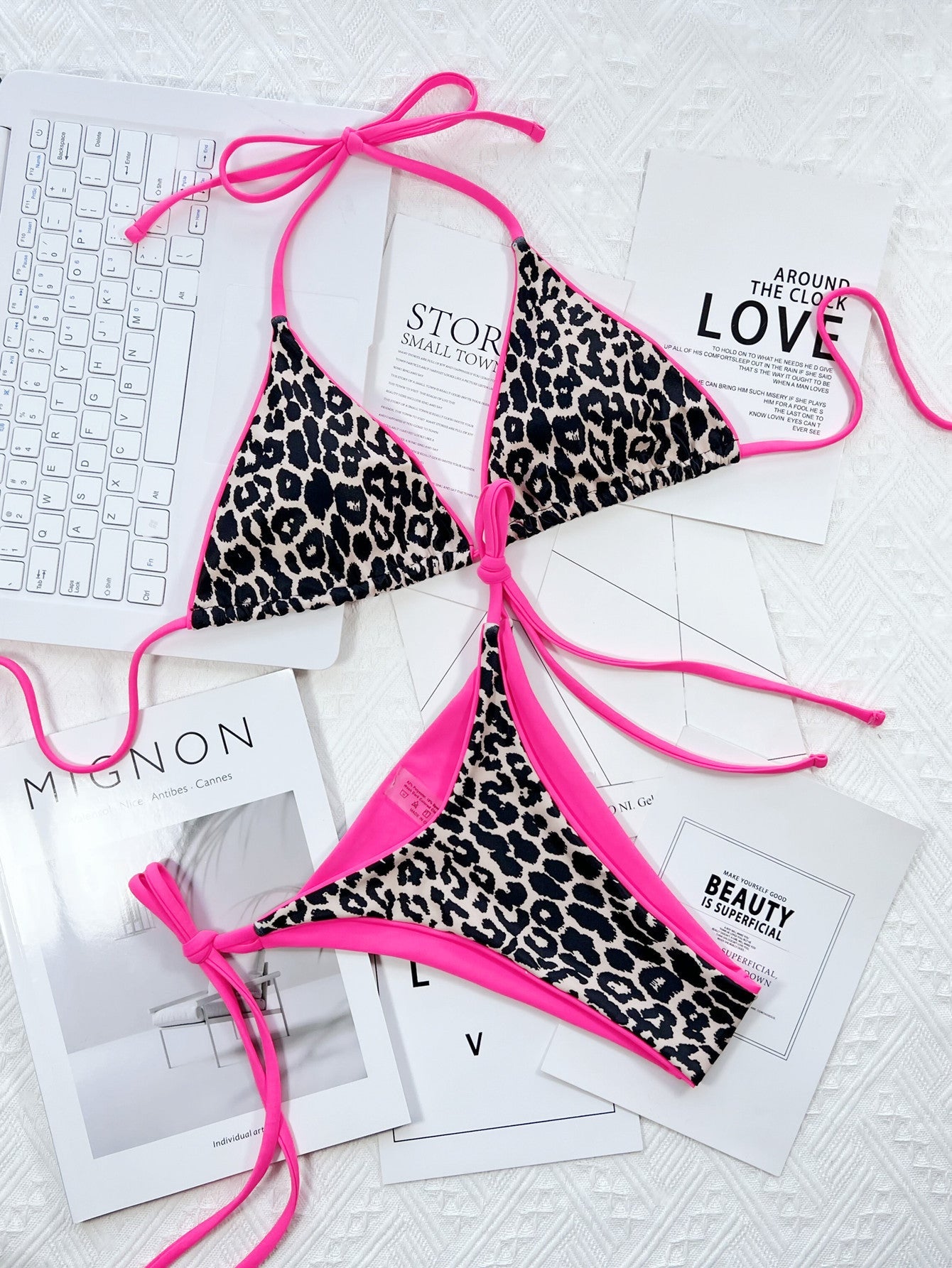 Leopard Print Halter Neck Tie Side Bikini Set-