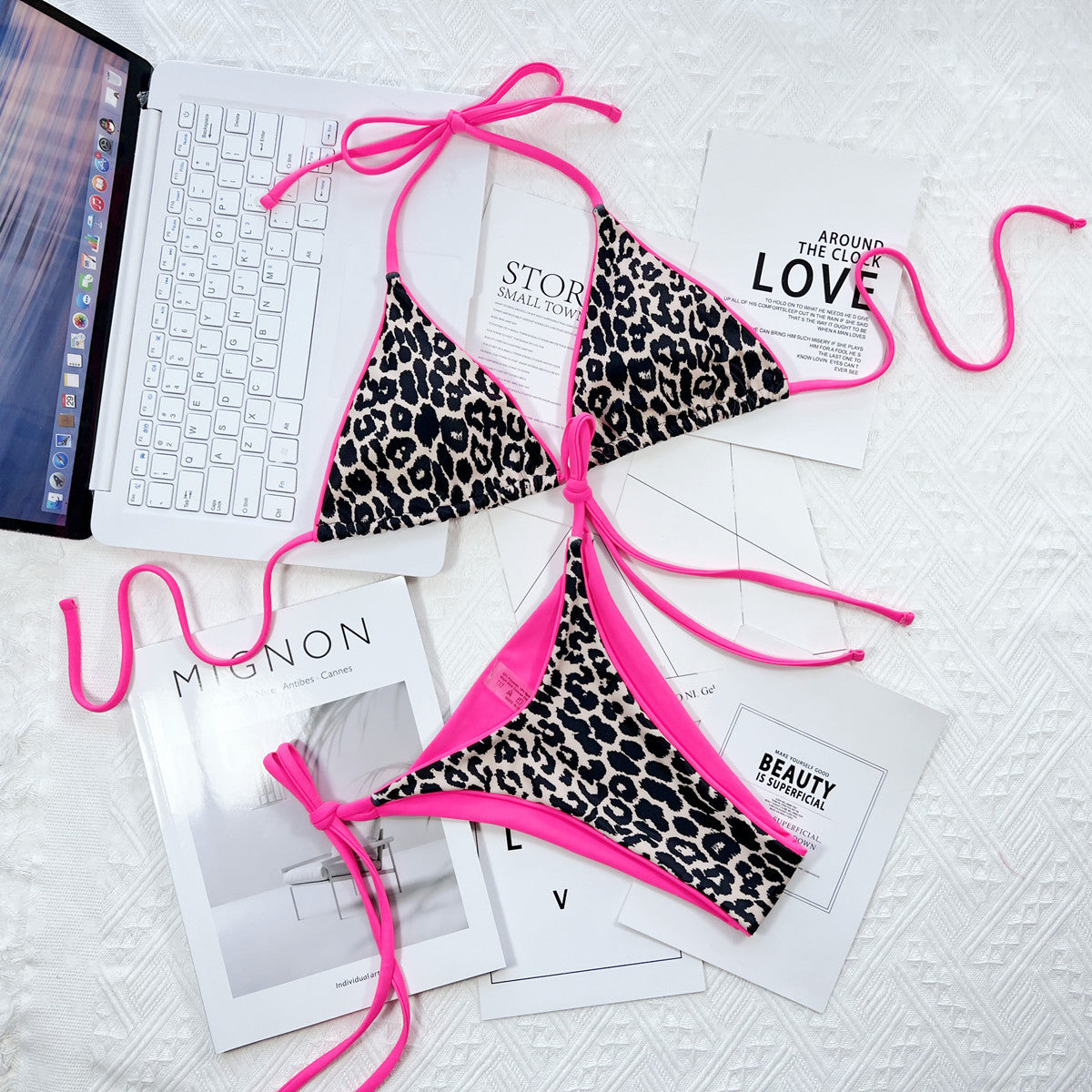 Leopard Print Halter Neck Tie Side Bikini Set-
