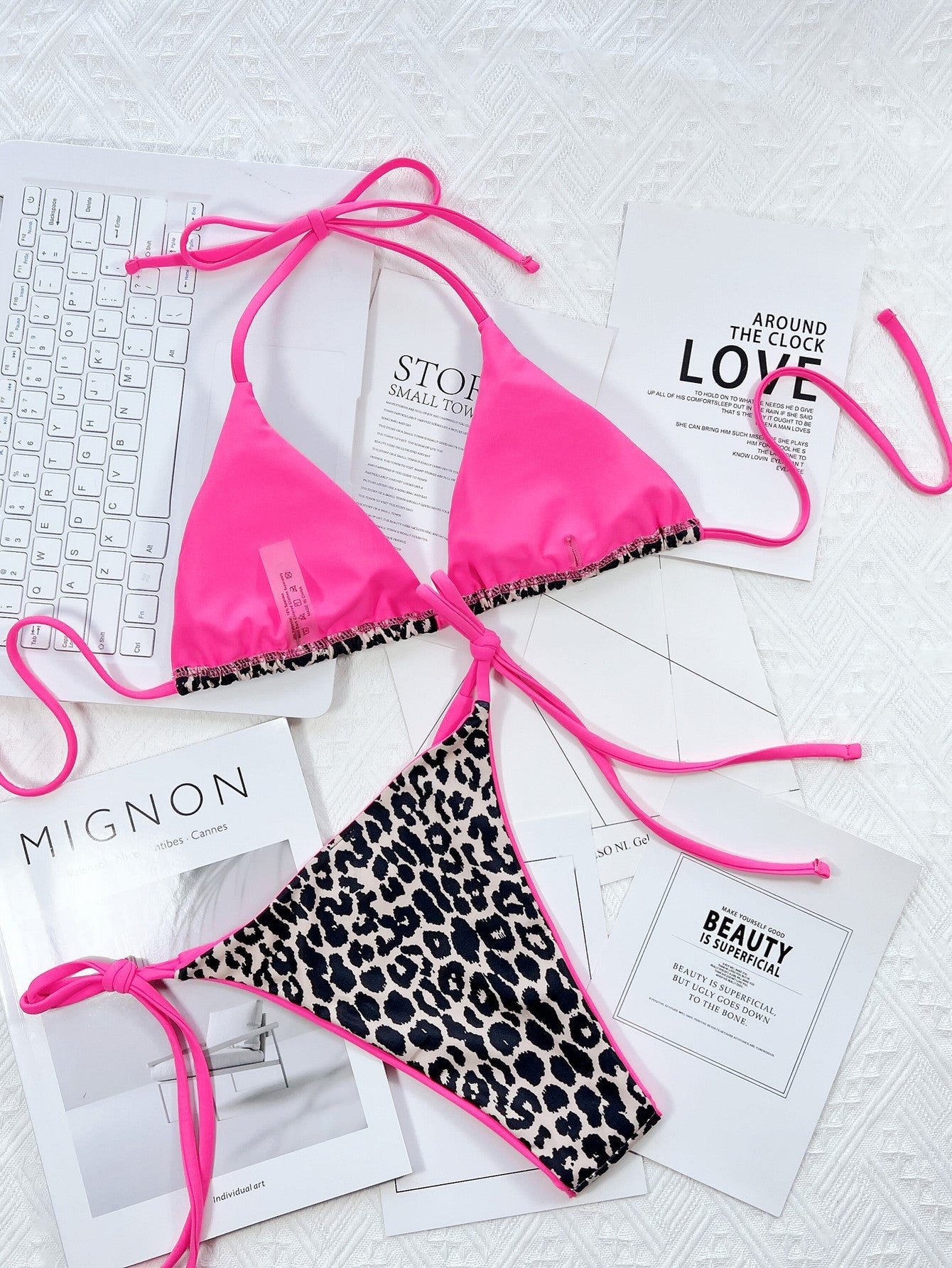 Leopard Print Halter Neck Tie Side Bikini Set-