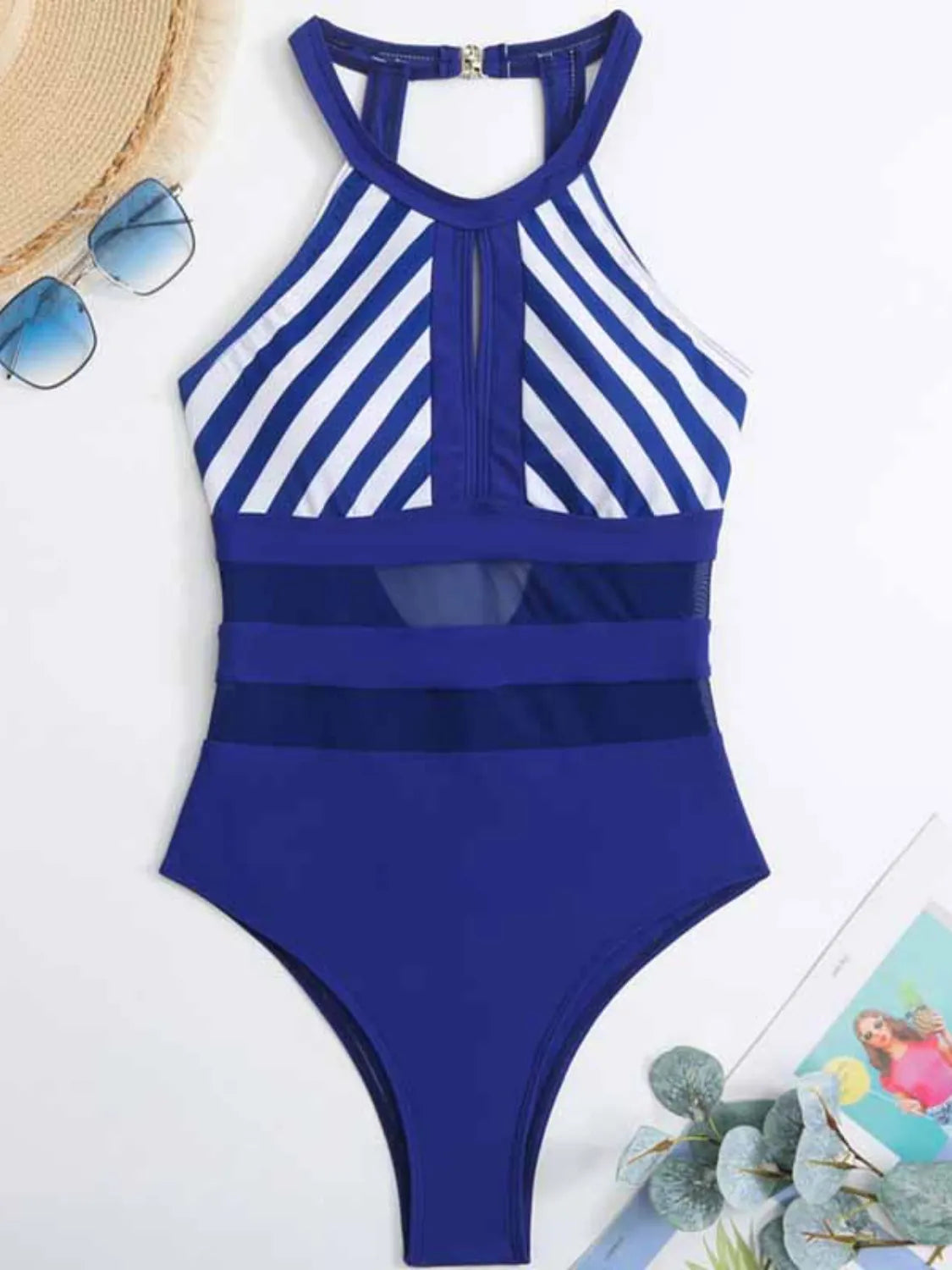 Mesh Detail Backless Striped One-Piece Swimsuit-