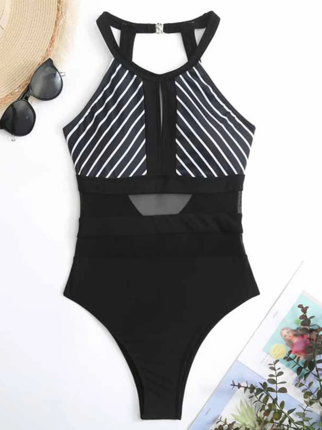 Mesh Detail Backless Striped One-Piece Swimsuit-