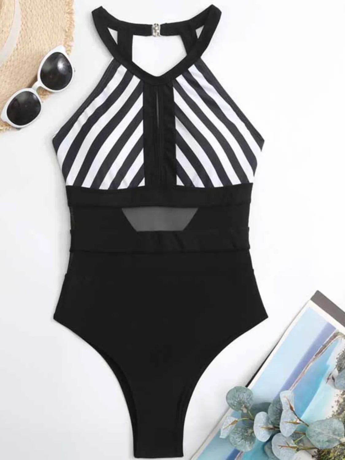 Mesh Detail Backless Striped One-Piece Swimsuit-