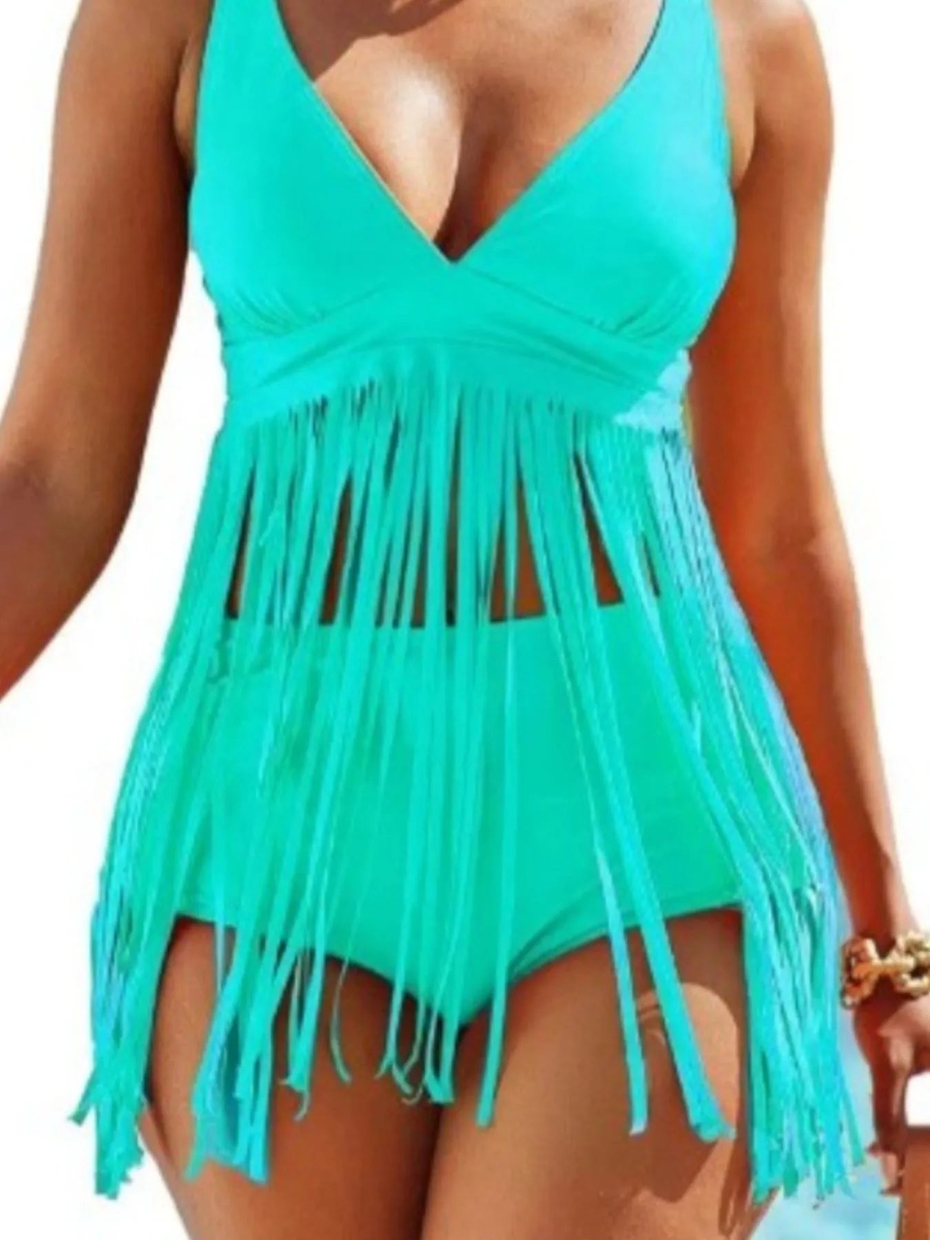 Plus Size Fringe V-Neck Tankini Swim Set-Get You Some Sun