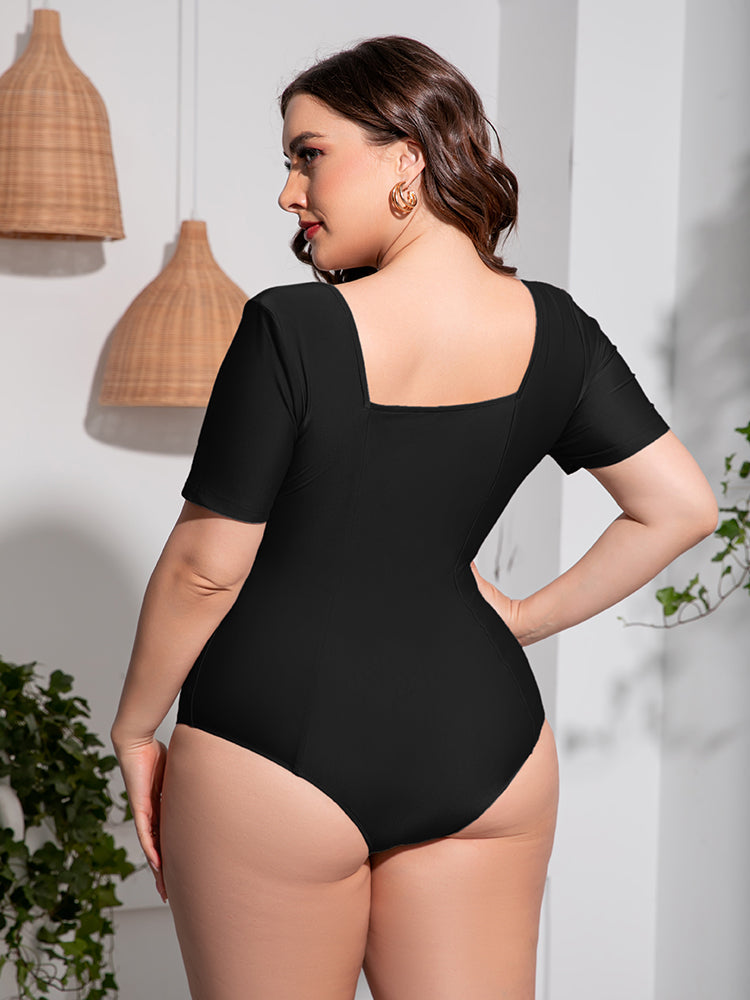 Plus Size Scoop Neck Short Sleeve One-Piece Swimsuit-