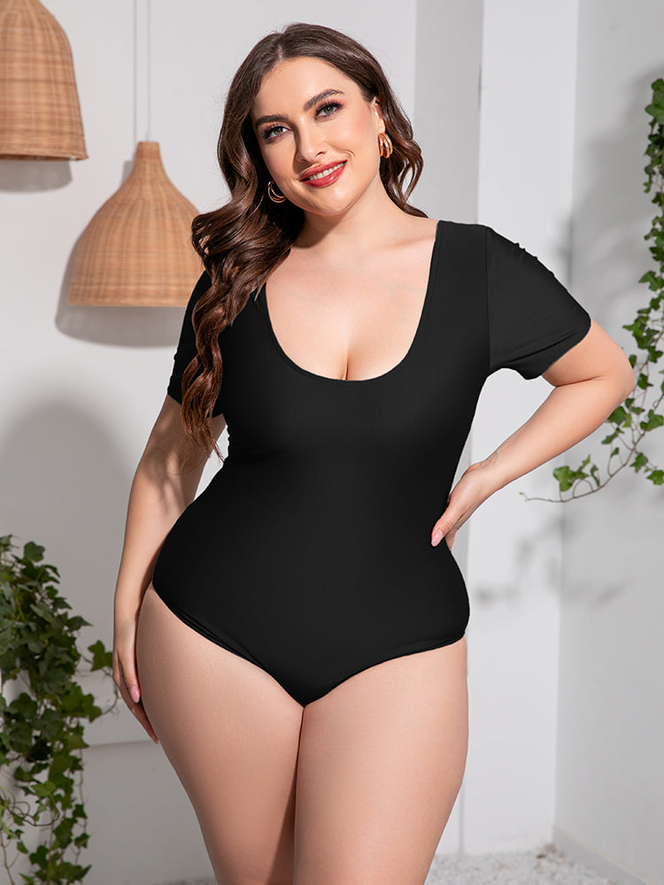 Plus Size Scoop Neck Short Sleeve One-Piece Swimsuit-