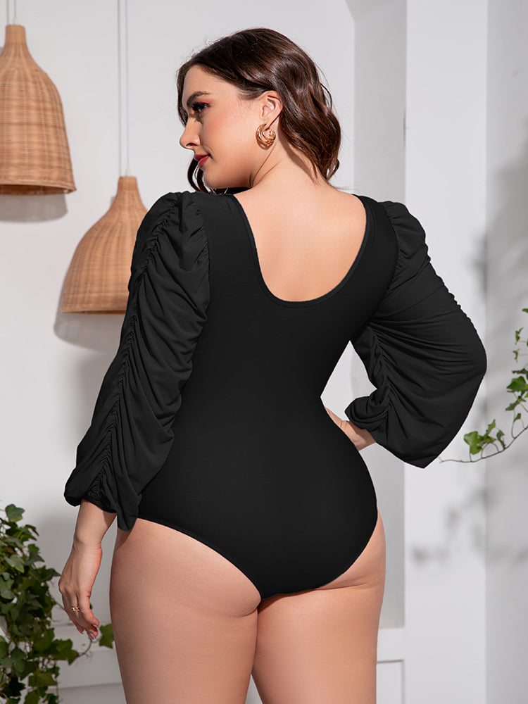 Plus Size Tied Deep V Balloon Sleeve One-Piece Swimsuit-