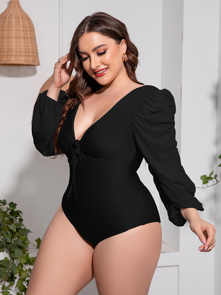 Plus Size Tied Deep V Balloon Sleeve One-Piece Swimsuit-