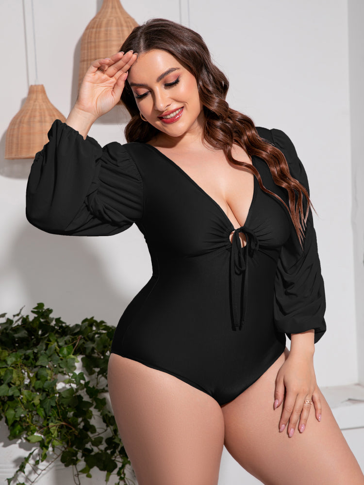 Plus Size Tied Deep V Balloon Sleeve One-Piece Swimsuit-