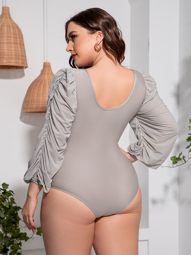 Plus Size Tied Deep V Balloon Sleeve One-Piece Swimsuit-