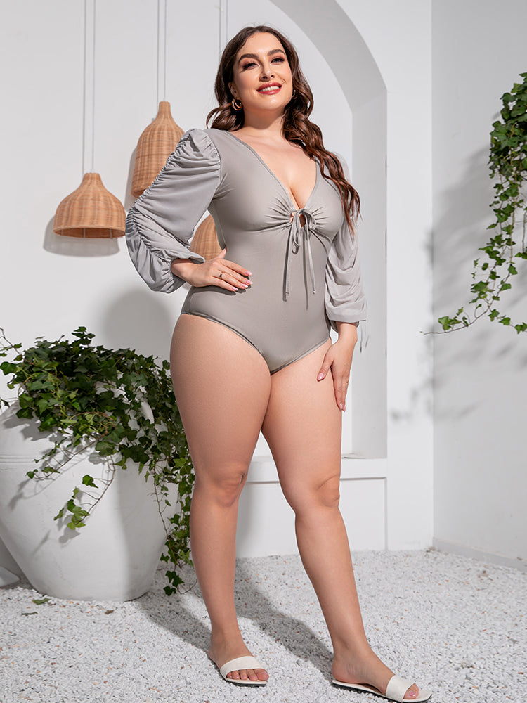 Plus Size Tied Deep V Balloon Sleeve One-Piece Swimsuit-