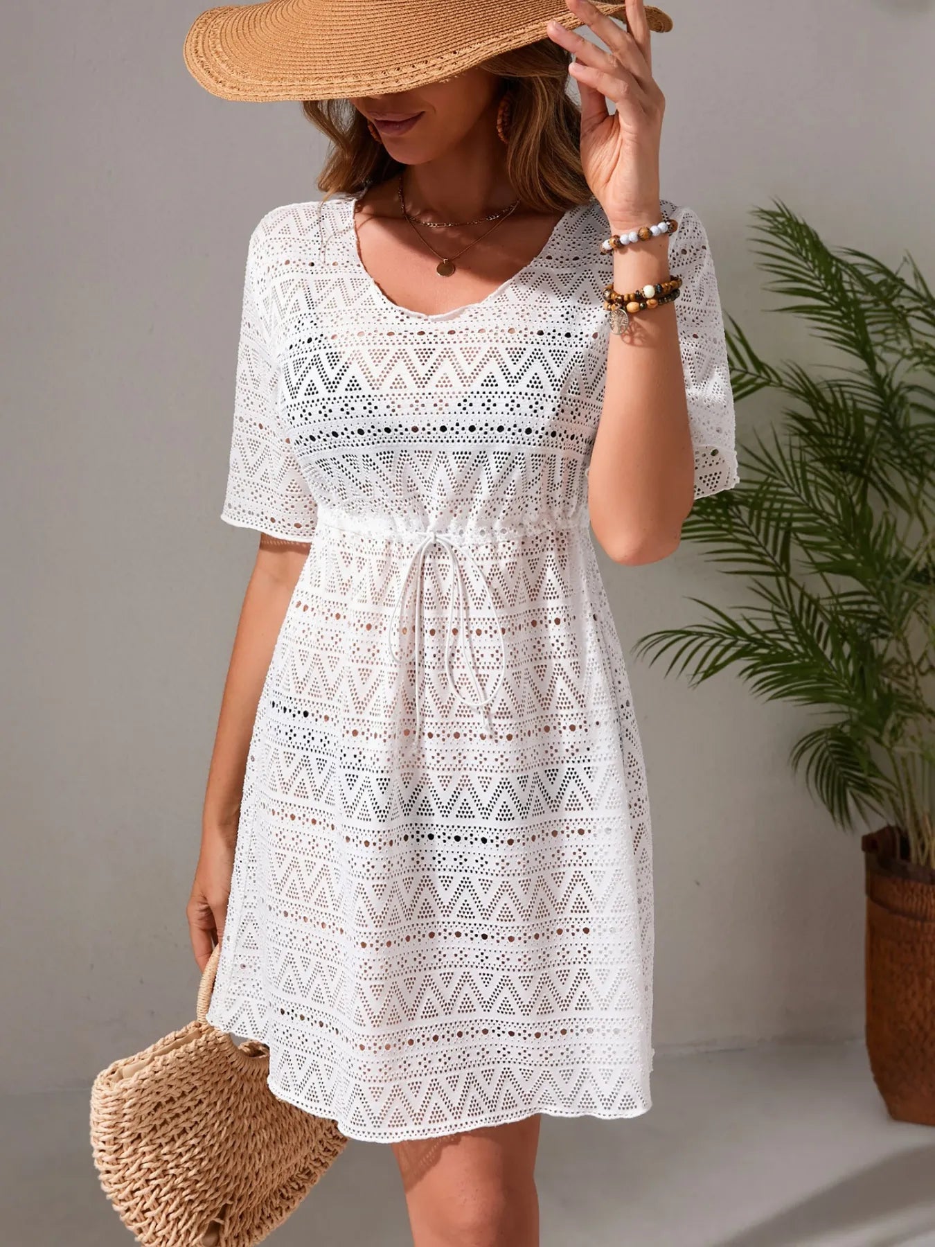 Drawstring Hollow Out Short Sleeve Cover-Up Dress-