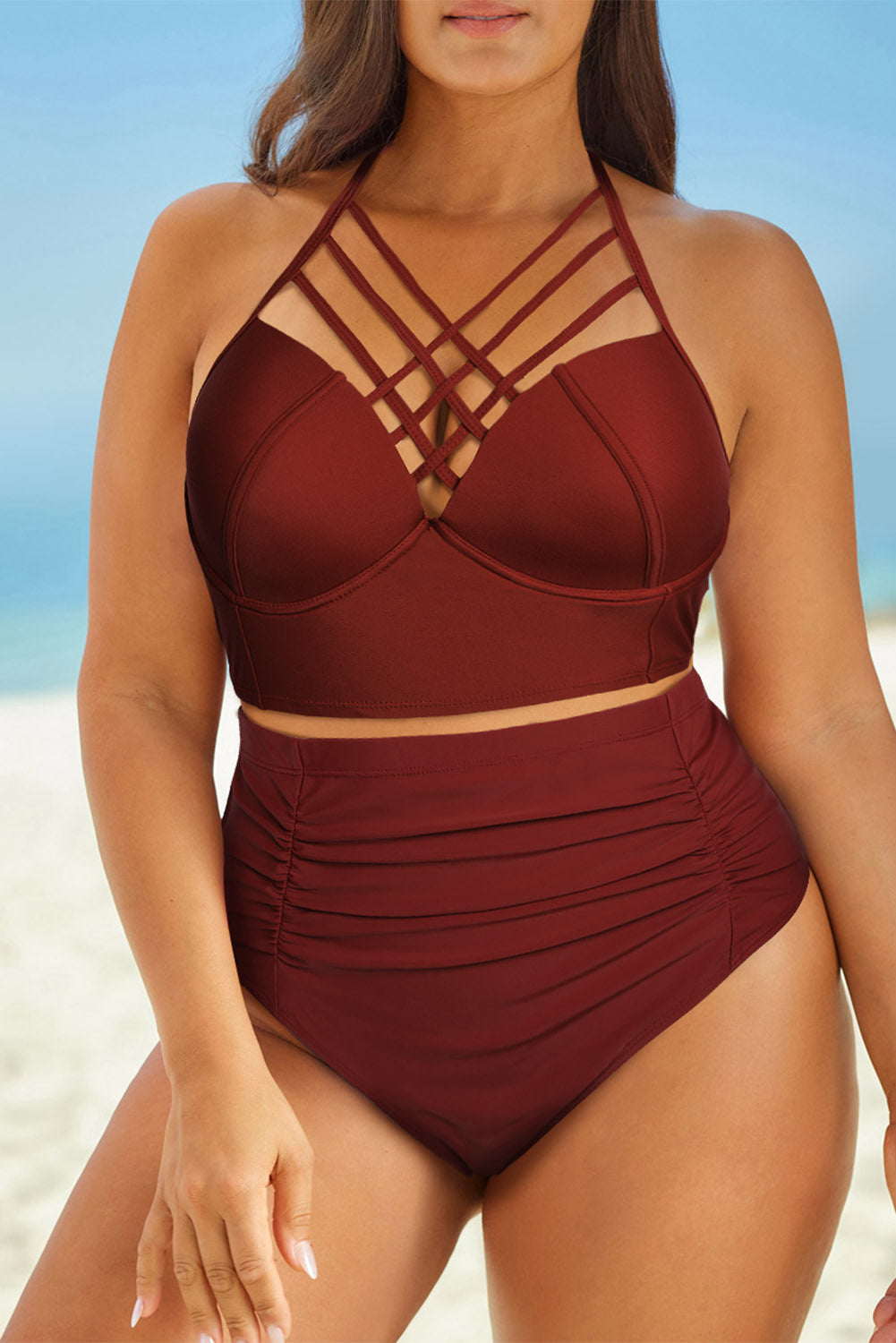 Full Size Halter Neck Crisscross Ruched Two-Piece Swimsuit-