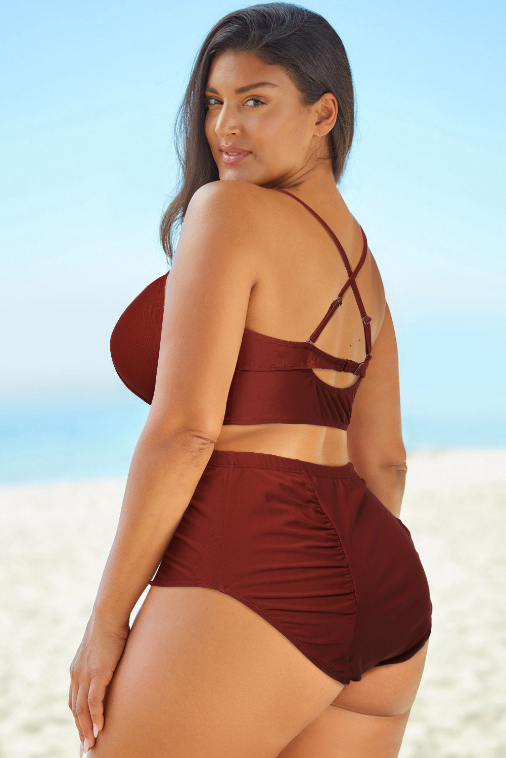 Full Size Halter Neck Crisscross Ruched Two-Piece Swimsuit-