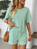 Striped Round Neck Short Sleeve Top and Shorts Set-