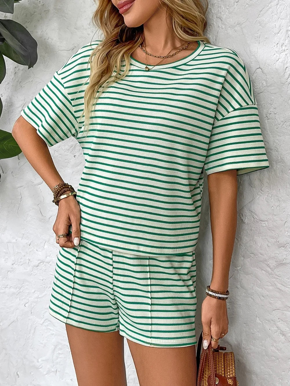 Striped Round Neck Short Sleeve Top and Shorts Set-
