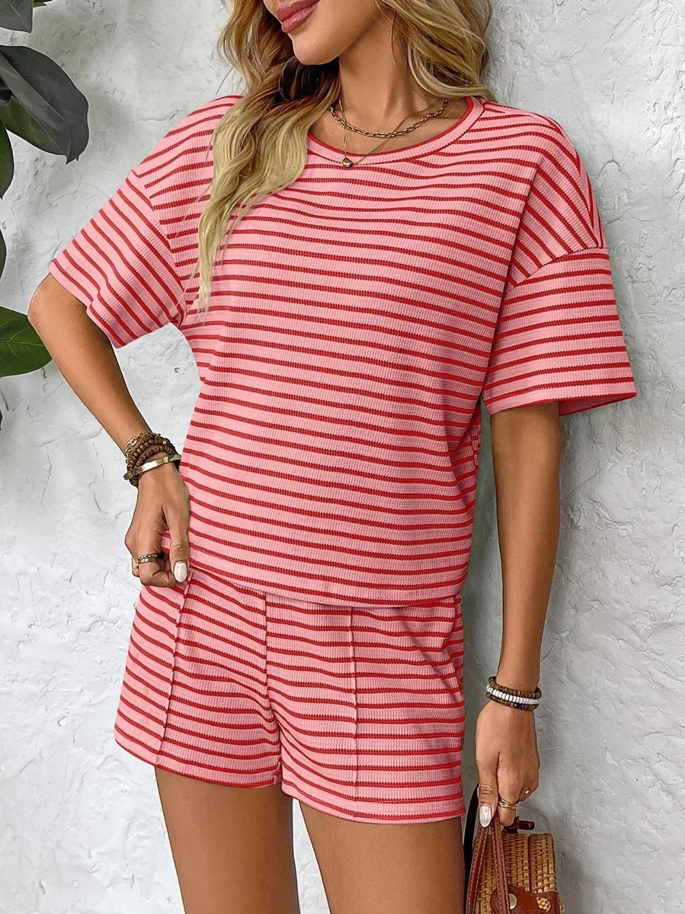 Striped Round Neck Short Sleeve Top and Shorts Set-