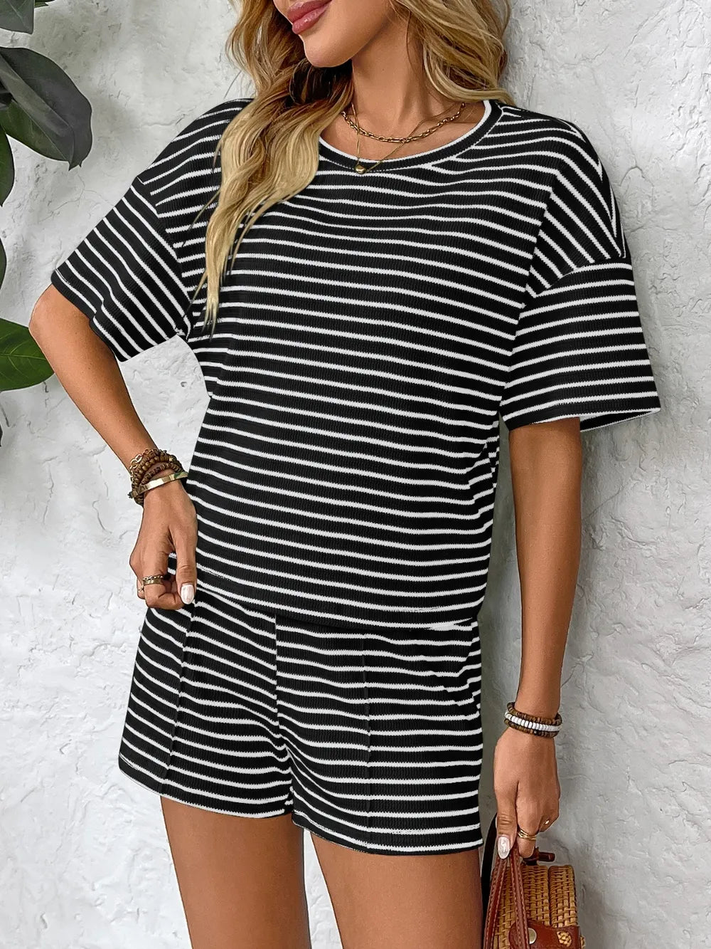 Striped Round Neck Short Sleeve Top and Shorts Set-