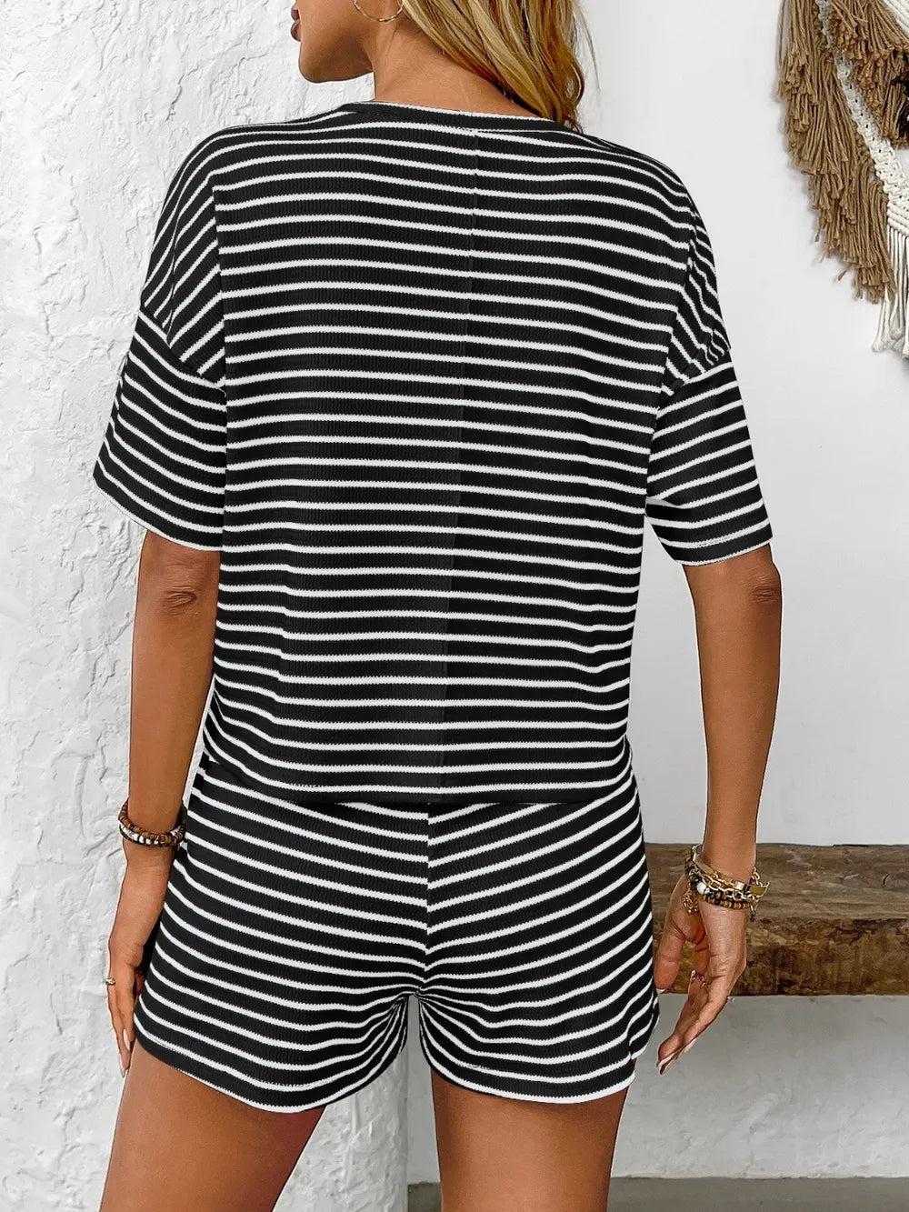 Striped Round Neck Short Sleeve Top and Shorts Set-